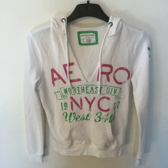 Aeropostale White Stretch Chic Hooded Slipover NYC Sweatshirt in a Size … - Picture 1 of 5